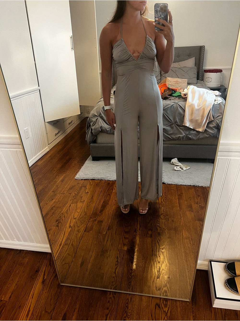 Plunging Halter Jumpsuit in Taupe